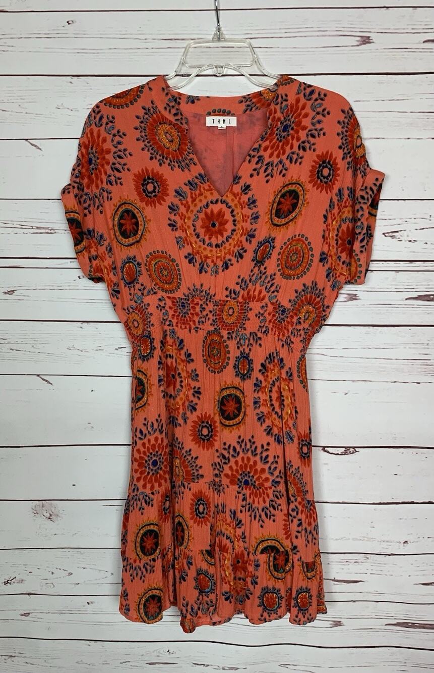 THML Anthropologie Women's S Small Short Sleeve Smocked Boho Cute Fall Dress